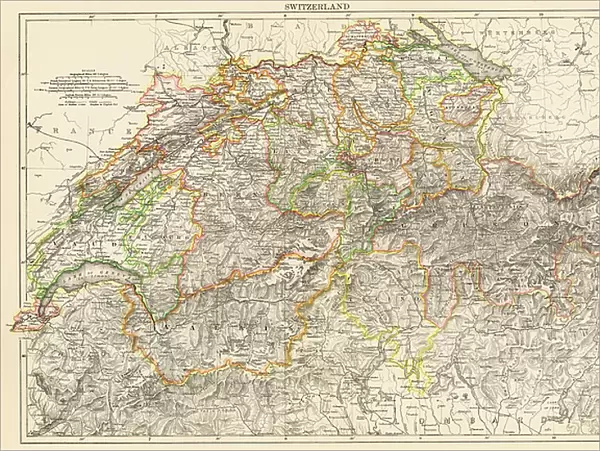Map of Switzerland, circa 1870. 19th century lithography