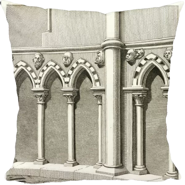 Part of the Vestibule of the Temple Church, built 1185. Decorated Norman style architecture with pointed arches and heads. Copperplate engraving drawn and etched by John Thomas Smith from his Topography of London, 1812