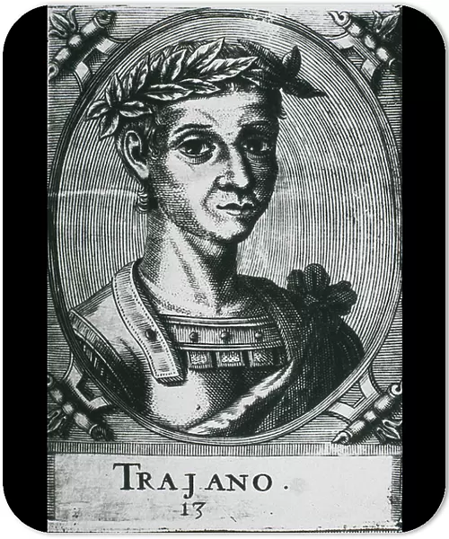 TRAJAN, Marcus Ulpius Traianus (53-117). Portrait of Trajan with laurels. Detail of the original engraving. Engraving