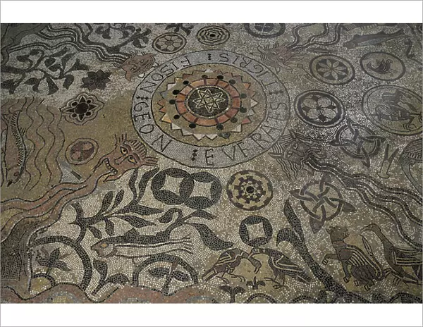 Symbolic representation of the Universe. Detail. Romanesque mosaic of the four rivers, 12th century, pavement of the altar of the chapel of Saint Nicholas, inside the Old Episcopal Palace