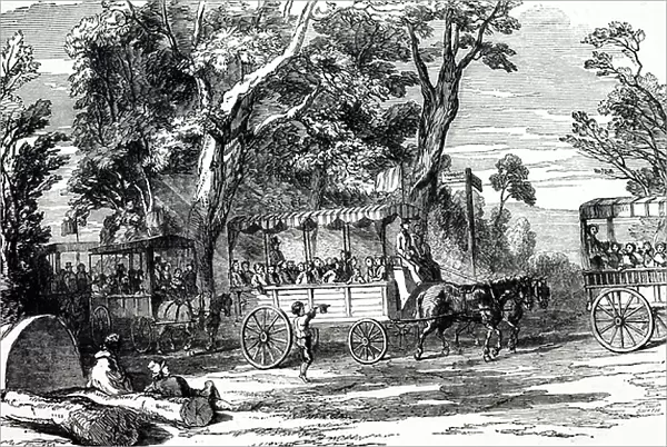An engraving depicting horse vans used for a school outing to Hampton Court, 19th century