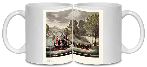 Mail coach in a flood. Royal mail four-horse coach with liveried guard driving through a flooded riverside road, 1820s. Color print after an engraving by F