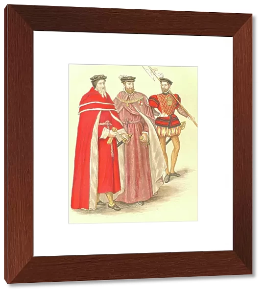 Two peers in their robes accompanied by a Halberdier in the time of Elizabeth I. 16th century (engraving)