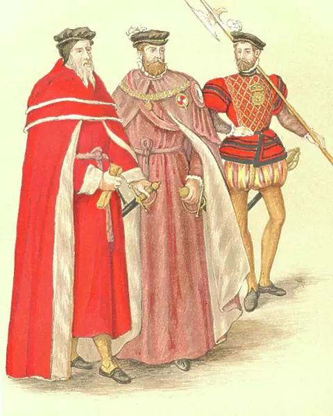 Two peers in their robes accompanied by a Halberdier in the time of Elizabeth I. 16th century (engraving)