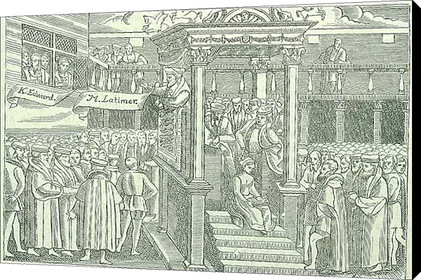Hugh Latimer (c1485-1555) English Protestant martyr, preaching in front of Edward VI. Under the Roman Catholic Mary I he was burnt at the stake with Ridley and Cranmer at Oxford. From Foxe's Book of Martyrs, 1563