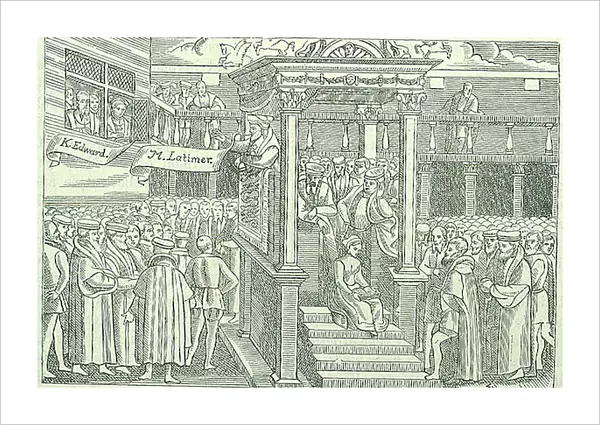 Hugh Latimer (c1485-1555) English Protestant martyr, preaching in front of Edward VI. Under the Roman Catholic Mary I he was burnt at the stake with Ridley and Cranmer at Oxford. From Foxe's Book of Martyrs, 1563