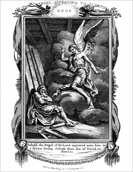 Joseph's dream. Behold, the Angel of the Lord appeared unto him in a dream Bible Matthew I. Copperplate engraving 1804
