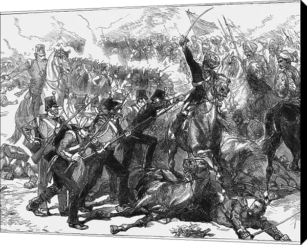First Anglo-Afghan War 1838-1842: British troops from the besieged city of Jellalabad, under the leadership of Henry Havelock, attacking the camp of Akbar Khan, routing the Afghans and capturing supplies of every kind, 7 April 1842