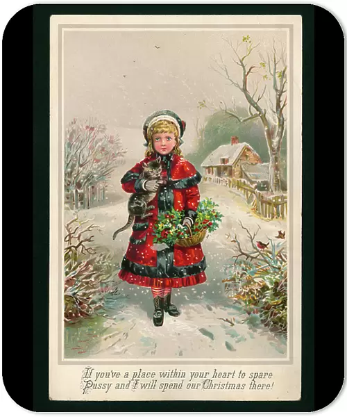 Girl and cat walking in the snow (chromolitho)