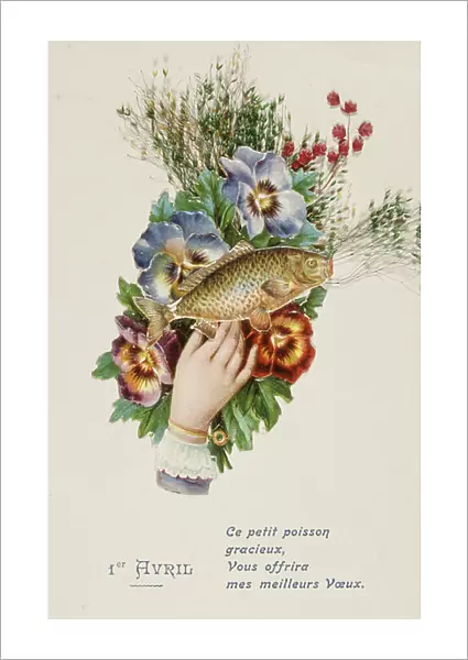 French postcard with image of a hand, fish and flowers
