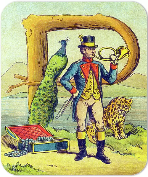 Letter P: postillon, panthere, peacock, pearls. Unbreakable abecedary on canvas c.1900 (print)