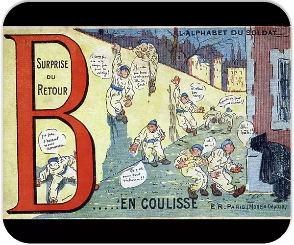 Letter B: behind the scenes. Soldiers doing the wall. Engraving of 'The soldier's alphabet'. E.R. Halt it!, publisher, Paris, around 1916. Series of 25 postcards used by soldiers during the 1914-1918 war and until around 1930. Size: 9.5x14cm