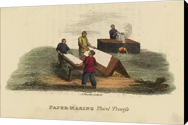 Chinese paper-making, third process: worker boiling bamboo pulp while others spread sheets of paper on frames to dry. Handcoloured copperplate engraving by Andrea Freschi after Antoine Cardon from Henri-Leonard-Jean-Baptiste Bertin
