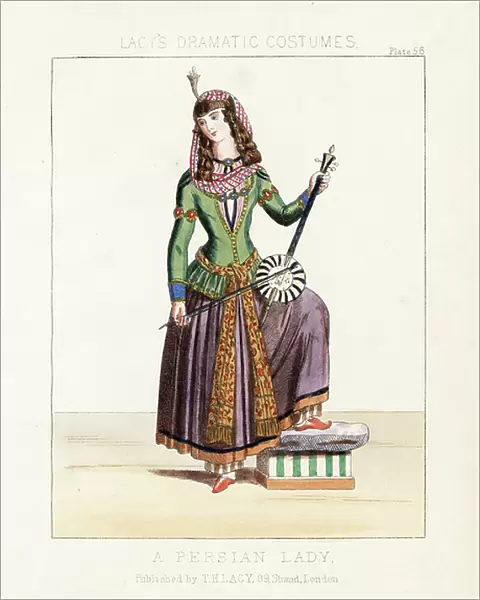 Persian woman playing a kamanche (violin), 19th century. Handcoloured lithograph from Thomas Hailes Lacy's ' Female Costumes Historical, National and Dramatic in 200 Plates, ' London, 1865