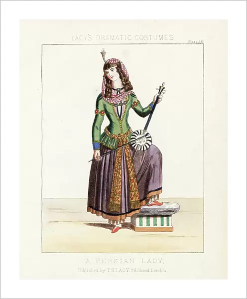 Persian woman playing a kamanche (violin), 19th century. Handcoloured lithograph from Thomas Hailes Lacy's ' Female Costumes Historical, National and Dramatic in 200 Plates, ' London, 1865