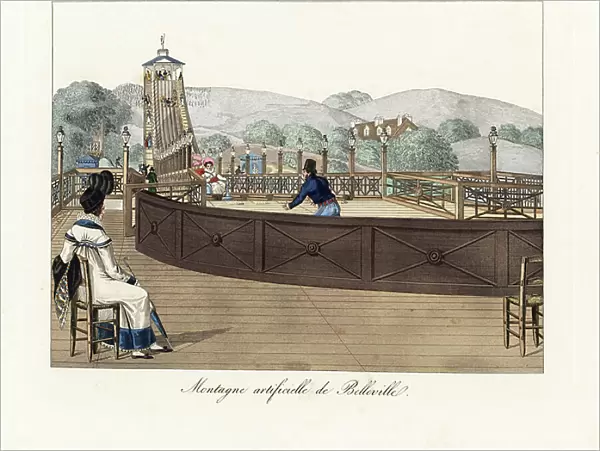 The roller coaster at Belleville with its five cars riding a distance of 600 feet in 9 or 10 seconds. A fashionable woman in plumed bonnet, shawl and parasol watches from the terrace