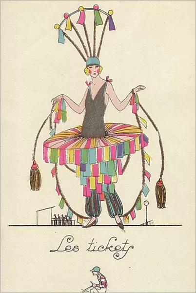 Woman in costume made from betting stubs, les tickets, at the horse races, with skirt, pantaloons, headdress and reins decorated with betting stubs. Lithograph by unknown artist with stencil handcolouring from ' Nos Travestis'