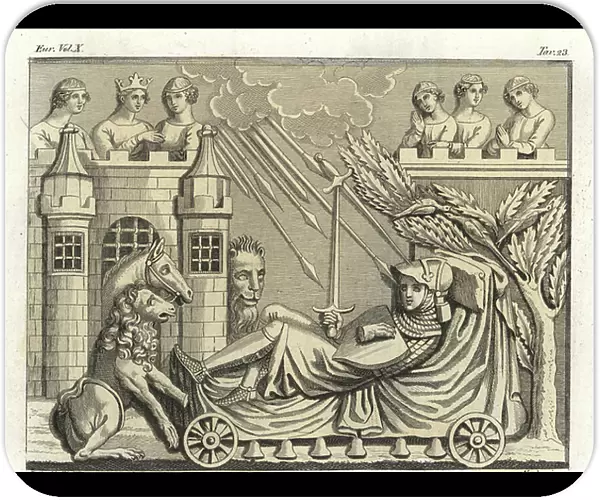 First bas-relief of a 12th century sarcophagus: the dream of a knight sleeping on a bed with wheels and bells under a castle battlement with queen and ladies, lances raining down from a cloud. Handcoloured copperplate engraving by Verico after A