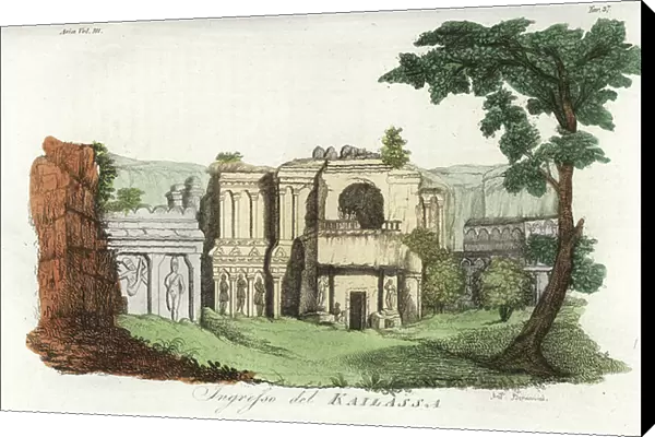 Entrance to the Kailasa temple, Ellora rock cut temple caves, India. Handcoloured copperplate drawn and engraved by Andrea Bernieri from Giulio Ferrario's Ancient and Modern Costumes of all the Peoples of the World, Florence, Italy, 1844