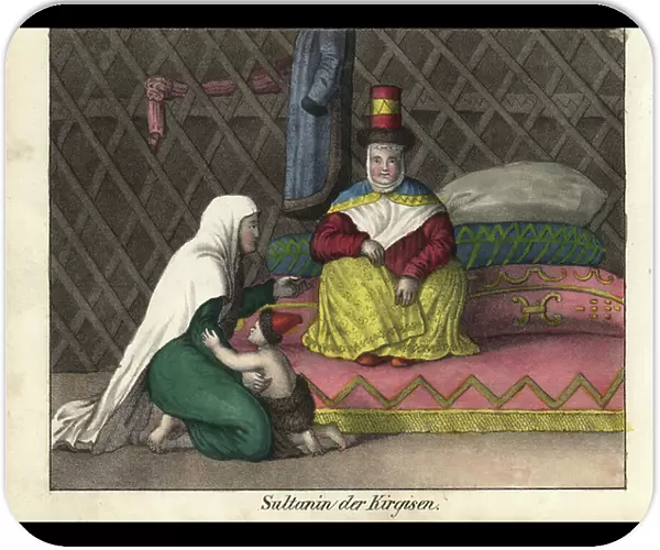 The sultan of Kyrgyzstan sitting on a mattress bench in a tent and a woman and her child. Lithography for the book: ' Galerie complete en tableaux fideles des peuples d'Asie' by Friedrich Wilhelm Goedsche (1785-1863), edition Meissen (Germany)