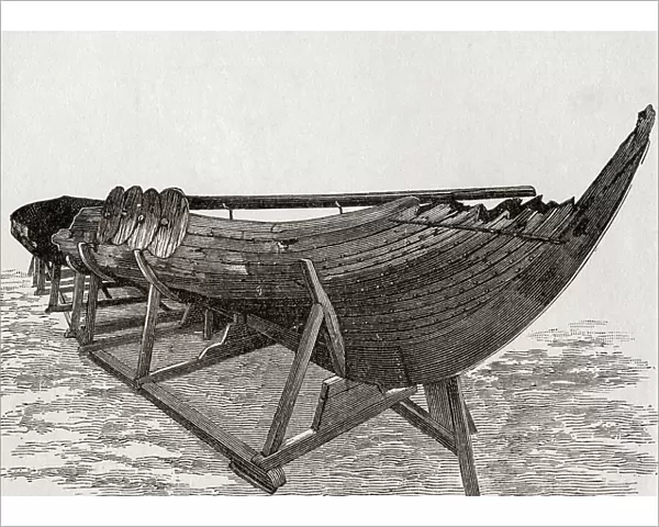The Gokstad Viking ship found in a burial mound at Gokstad farm in Sandar, Sandefjord, Vestfold, Norway. From A First Book of British History published 1925