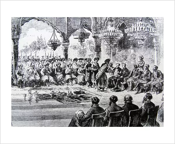 Sir John Lawrence 1811-1879 holds court at the 1867 durbar at Lucknow, 1867 (engraving)