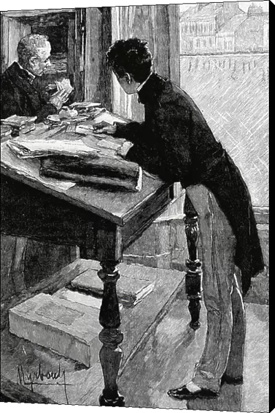 Bookkeeper or accountant struggling to complete accounts, 1893