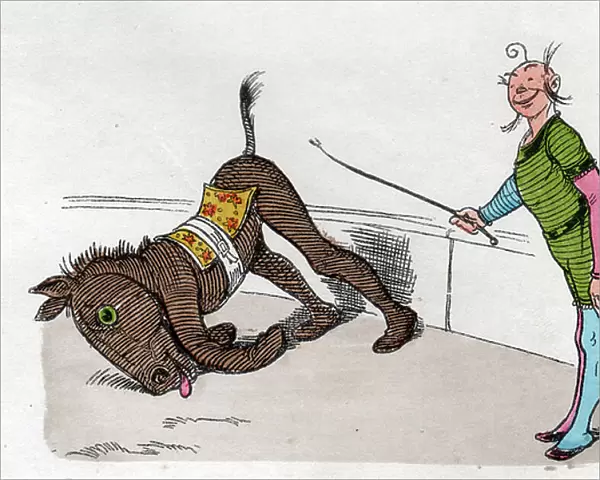 Art. Entertainment. Circus. Clown training a fake horse. Imagery 'Munchener Bilderbogen', Germany, c.1880 (colour engraving)