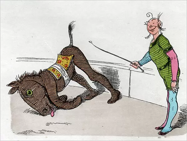 Art. Entertainment. Circus. Clown training a fake horse. Imagery 'Munchener Bilderbogen', Germany, c.1880 (colour engraving)