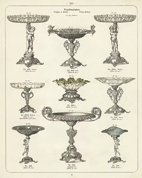 Fruit dishes. Lithograph from a catalog of metal products manufactured by Wuerttemberg Metalware Factory, Geislingen, Germany, 1896.- Catalogue of metal products manufactured by Wuerttemberg Metalware Factory, Geislingen, Germany, 1896