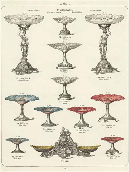 Fruit dishes. Lithograph from a catalog of metal products manufactured by Wuerttemberg Metalware Factory, Geislingen, Germany, 1896.- Catalogue of metal products manufactured by Wuerttemberg Metalware Factory, Geislingen, Germany, 1896