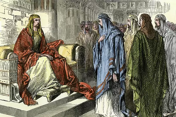 Daniel and his companions (Ananias, Azarias and Misael) meeting the king of Babylon (Mesopotamia), Nebuchadnezzar II (around 630-562 BC). During one of the interviews the prophete Daniel interpreted the king's dreams