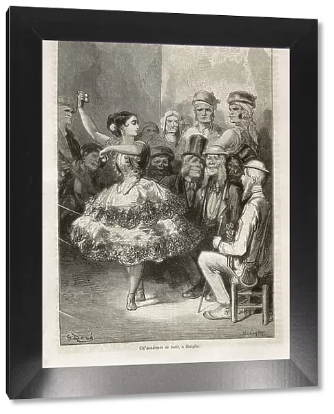 Dore, Paul Gustave (1832-1883). DAVILLIER, Jean Charles (1823 - 1883). Spain. 1874. Dance academy in Sevilla. Romanticism. Costumbrism. Engraving. SPAIN. MADRID (AUTONOMOUS COMMUNITY). Madrid. National Library