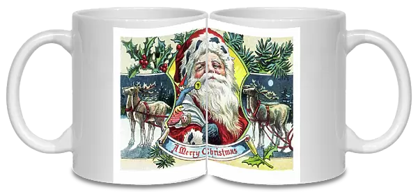 Christmas greeting card with Father Christmas and the reindeer of the sleigh. 19th century chromolithography