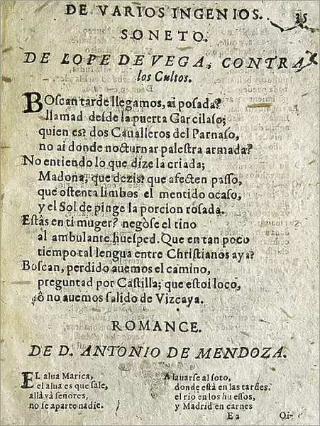 VEGA CARPIO, Felix Lope de (1562-1635). Soneto contra los cultos' ('Sonnet against educated people'). Satirical poem included in the compilation 'Poesias varias de grandes ingenios espanoles' (Poems by great Spanish authors)