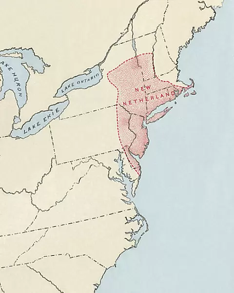 The colonial territories of North America claimed by the Dutch in 1665, on the Atlantic coast, New Holland (or New Belgium) including the states of New York, New Jersey, Delaware, Vermont, Pennsylvania and Connecticut