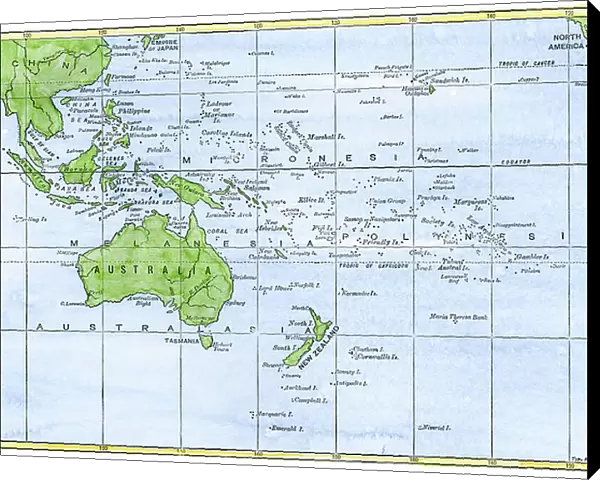 Geographic map of the islands of the Pacific Ocean in Oceania, 19th century. Polynesia, Micronesia, New Zealand, Australia, New Guinee, Philippines, Java, Borneo, Malaysia, Indonesia, China Sea. Colourful engraving of the 19th century