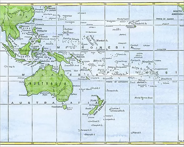Geographic map of the islands of the Pacific Ocean in Oceania, 19th century. Polynesia, Micronesia, New Zealand, Australia, New Guinee, Philippines, Java, Borneo, Malaysia, Indonesia, China Sea. Colourful engraving of the 19th century