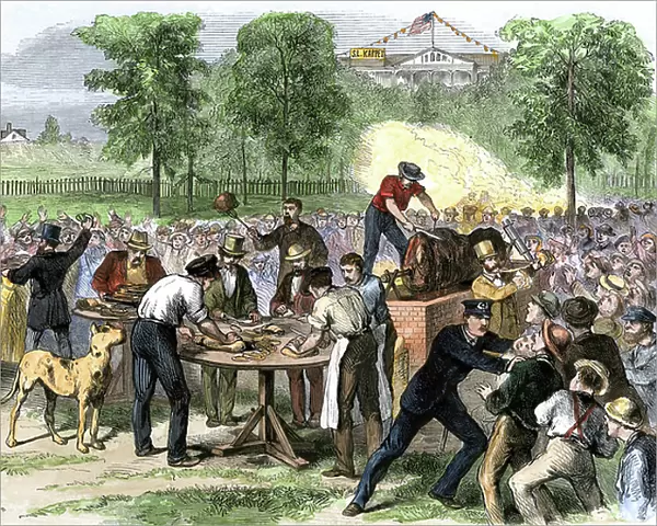American daily life: the Irish immigrant community brings together for the barbecue of a whole beef, the Brennan Society's charity picnic, organized in Lion Park in New York, around 1860. Colour engraving, 19th century