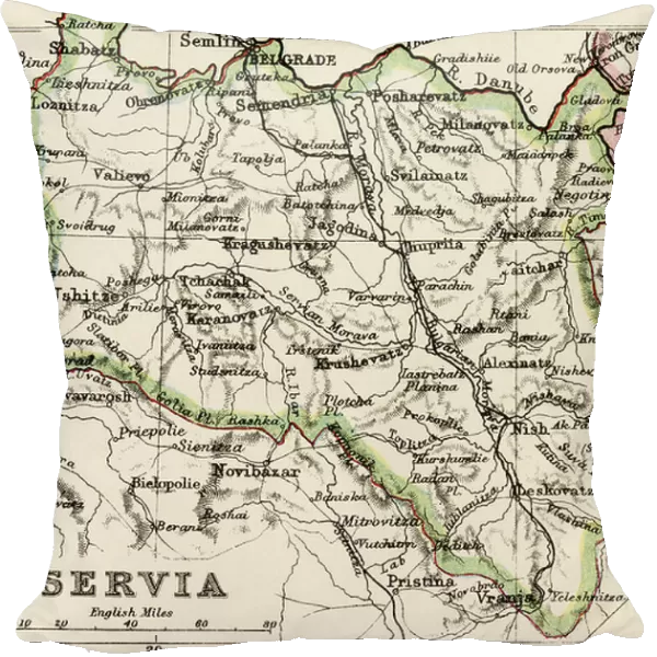 Geographic map of Serbia in the 1870s. 19th century colour lithography