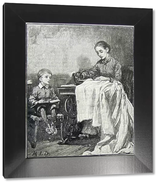 Woman using a treadle-powered sewing machine, watched by her small son. Engraving, London, 1890