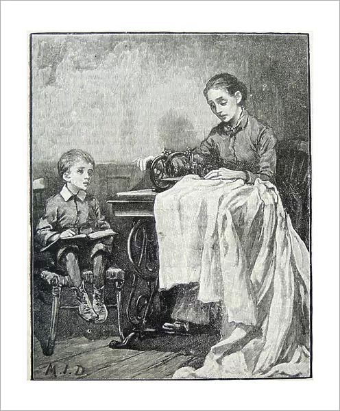 Woman using a treadle-powered sewing machine, watched by her small son. Engraving, London, 1890