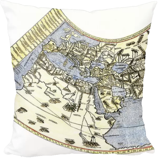 World map of Claude Ptolemee (Claudius Ptolemaeus, 90-168) illustrating the flat earth. Colourful engraving of the 19th century