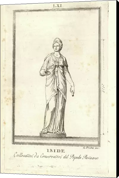 Statue of Egyptian Goddess Isis. In the Conservatore di Roma (Conservatori del Popolo Romano). Copperplate engraving by Gio. Petrini from Pietro Paolo Montagnani-Mirabilii's Il Museo Capitolino (The Capitoline Museum), Rome, 1820