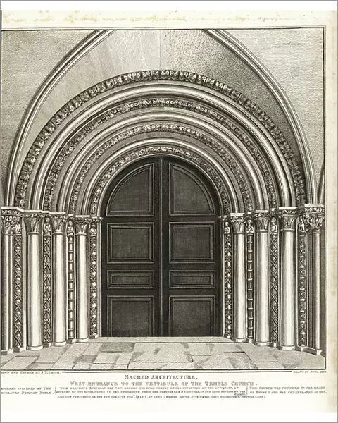 West entrance to the vestibule of the Temple Church, built 1185. Decorated Norman style architecture. Copperplate engraving drawn and etched by John Thomas Smith from his Topography of London, 1811