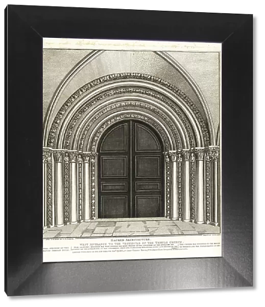 West entrance to the vestibule of the Temple Church, built 1185. Decorated Norman style architecture. Copperplate engraving drawn and etched by John Thomas Smith from his Topography of London, 1811