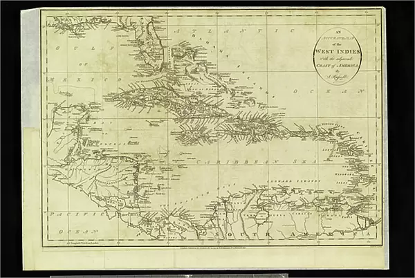 Geographic Atlas: representation of the Caribbean Sea and the Greater Antilles (Cuba, Hispaniola, Puerto Rico and Jamaica), the Bahamas Islands, the South of the United States, the North of South America (Venezuela) and the Lesser Antilles