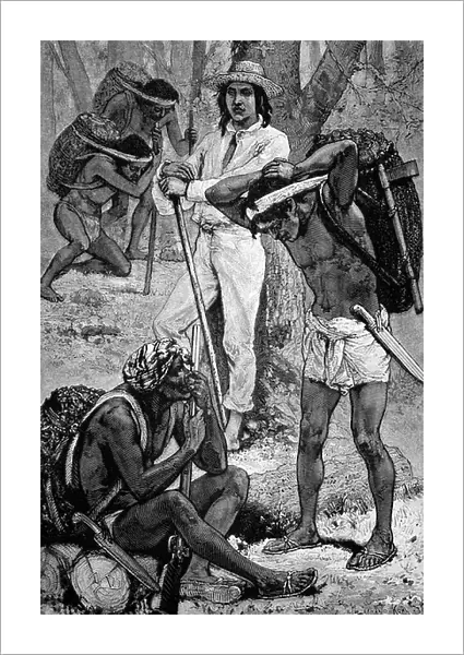 Indiarubber gatherers, New Granada, South America, historical engraving of 1883