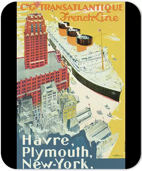 Poster advertising the Le Havre-Plymouth-New York route by the shipping company Companie Generale Transatlantigue, known as the French Line (colour lithograph)