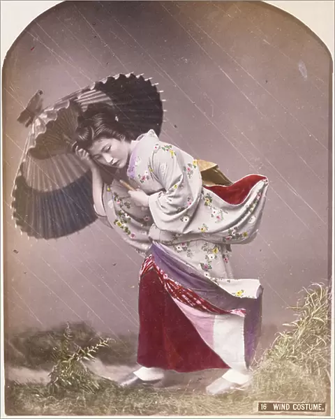 Wind Costume - A young Japanese girl in the rain, c.1890 (hand coloured photograph)